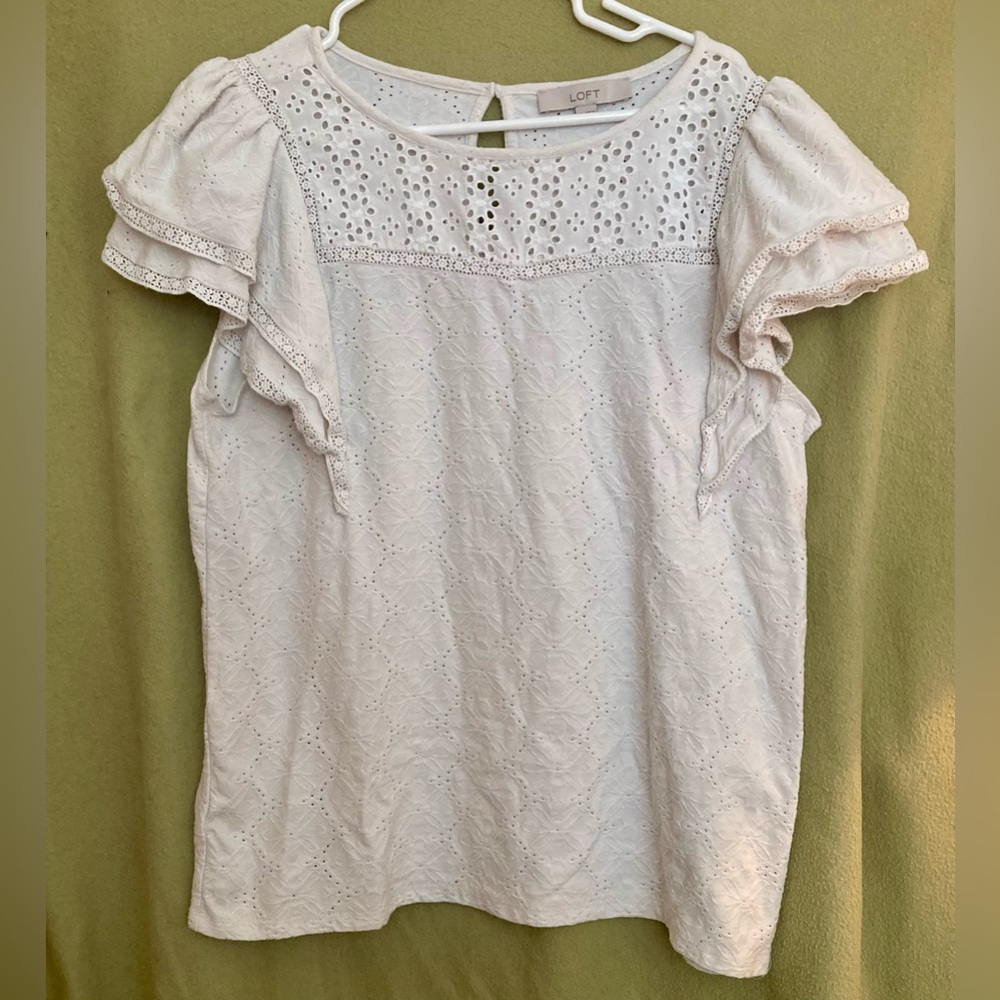 LOFT White Eyelet Blouse with Ruffled Cap Sleeves Size XL